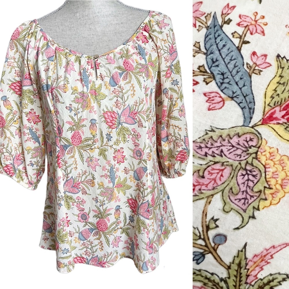 Lucky Brand Vintage Top Y2K Boho Floral Peasant Blouse Pullover Shirt Small